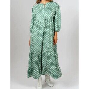 Silk & Salt Boho Tiered Midi Dress Green Geometric Peasant Sleeve Size Medium